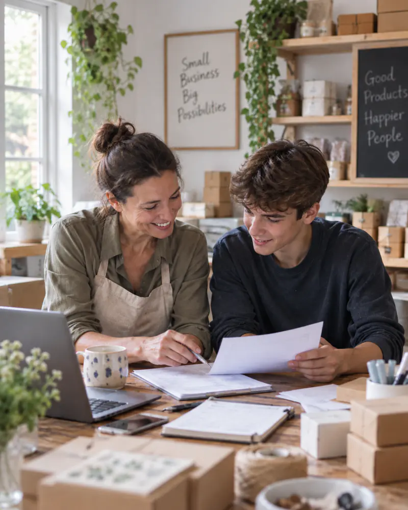 Mother and teenage son going through paperwork at a laptop in a small shop