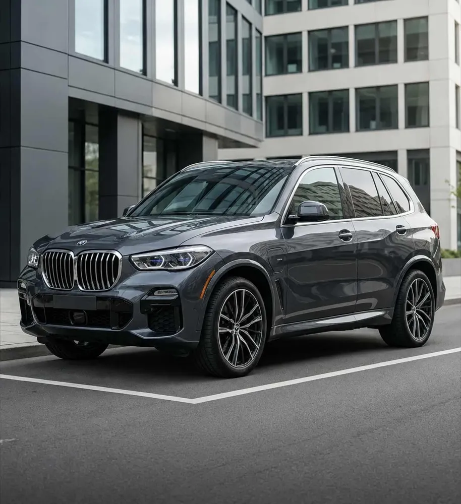 A grey luxury SUV parked on the street outside a modern office building