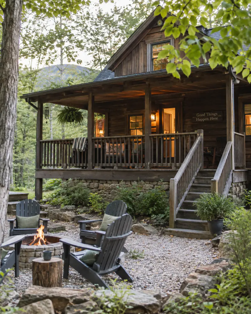 Wooden cabin with a covered porch, two Adirondack chairs and a fire pit in the woods