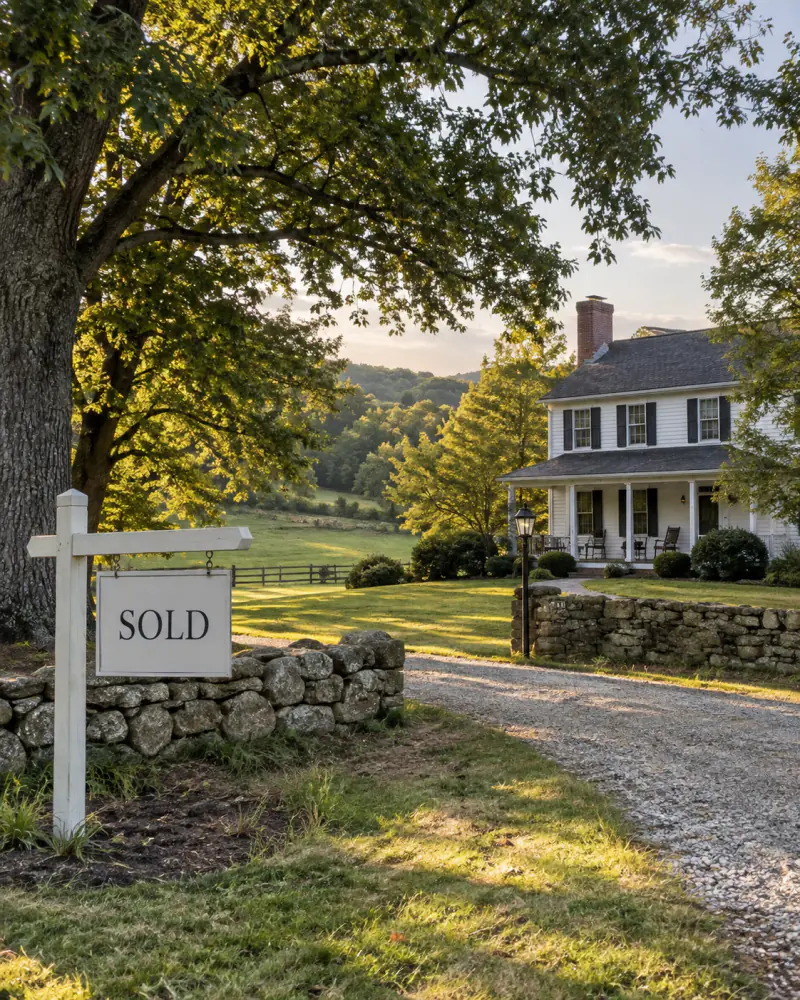 White farmhouse behind a stone wall and a Sold sign at the end of a gravel drive